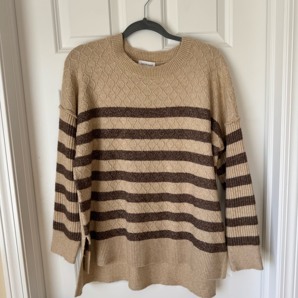 Westbound Cable Knit Striped Crew Neck Sweater -‎ Large - Tan and Brown - NWOT